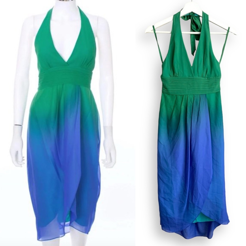 New BCBGMaxAzria Green to Blue Ombre Halter Midi Dress